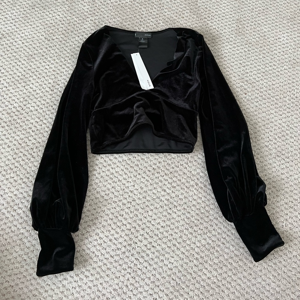 Aqua Black Velvet Long Sleeve Crop Top Size Small